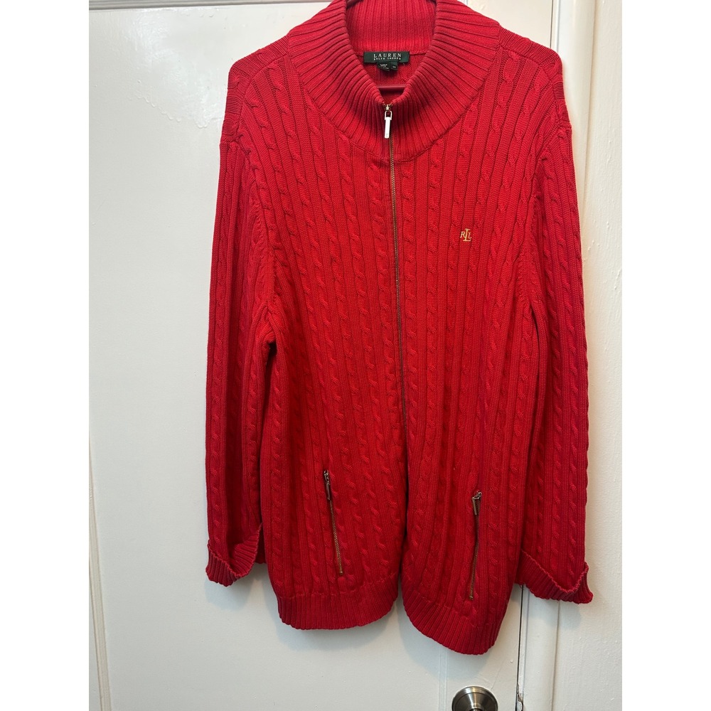 Lauren Ralph Lauren Red Cable‎ Knit Full Zip Cardigan Sweater Womens 3X Cotton